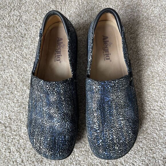 Allegria Keli Pro Crackle Pop Leather Mule Clogs 39/ 9 Blue Silver Comfort Shoes - Picture 2 of 11